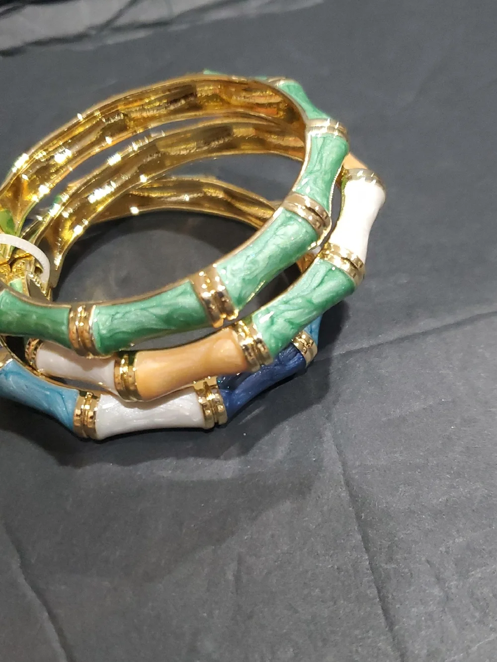 Natasha couture 3 piece stacked gold‎ tone enamel bamboo gemstone bangle set
